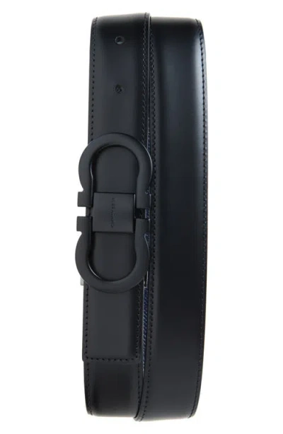 Ferragamo Double Gancio Leather Reversible Belt In Nero Midnight