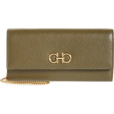 Ferragamo Double Gancio Leather Wallet On Chain In New Olive