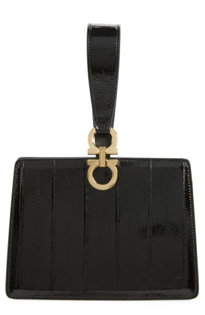 Ferragamo Double Gancio Patent Leather Clutch In Nero