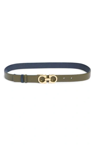 Ferragamo Double Gancio Reversible Leather Belt In Green