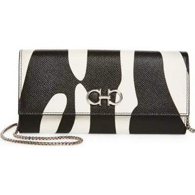 Ferragamo Double Gancio Stripe Leather Wallet On A Chain In Black
