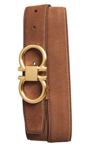 Ferragamo Double Gancio Suede Belt In Brown