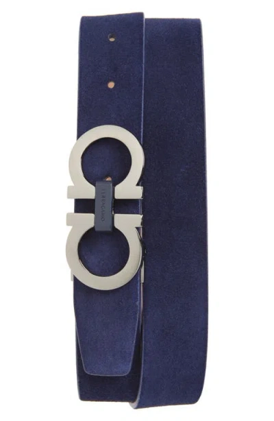 Ferragamo Double Gancio Suede Belt In Midnight Naturale