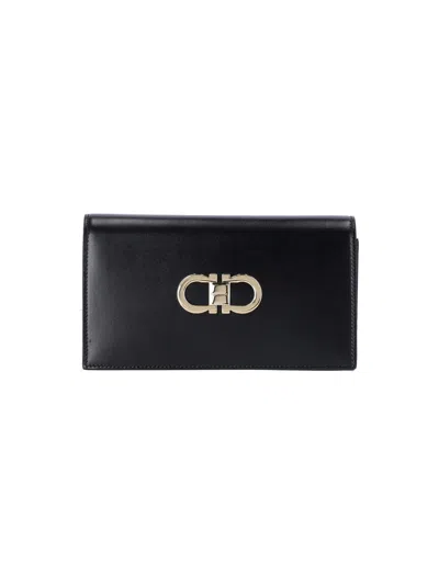 Ferragamo Double Gancio Grain Leather Clutch Bag In Black