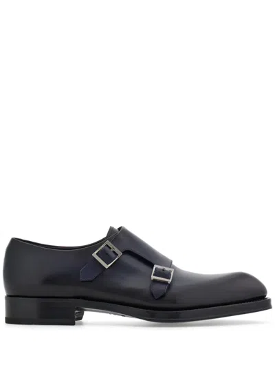 Ferragamo Double-monkstrap Leather Monk Shoes In Blue