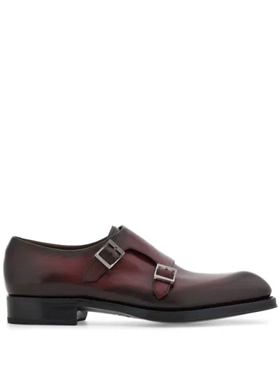 Ferragamo Double-monkstrap Leather Monk Shoes In Red