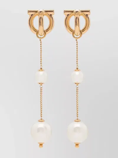FERRAGAMO DOUBLE PEARL GANCINI PENDANT EARRINGS