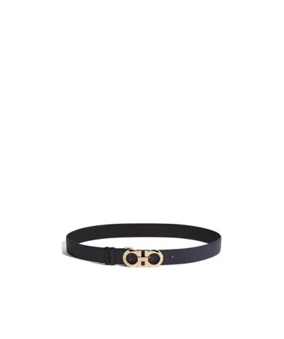 Ferragamo Double-sided Adjustable Gancini Double-buckle Belt In Black