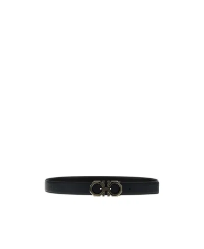 Ferragamo Textured Leather Belt With Gancio Buckle In Black