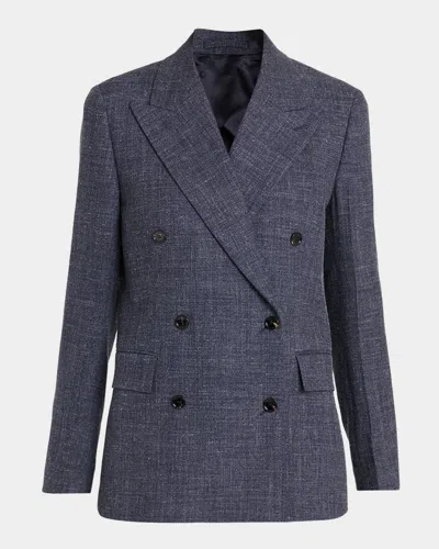 Ferragamo Double-breasted Wool-linen Jacket In New Navy M