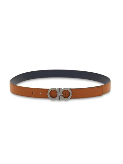 Ferragamo Double-sided Leather Belt With Polished Interlocking Buckle In Brown