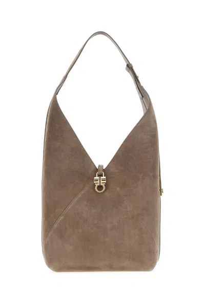 Ferragamo Dove Grey Suede Shoulder Bag In Concrete