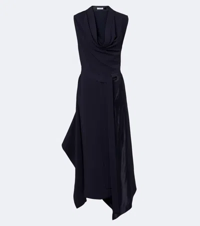 Ferragamo Draped Satin-trimmed Jersey Midi Dress In Blue