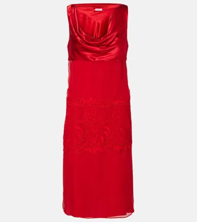 Ferragamo Cowl-neck Lace-insert Midi Dress In Red