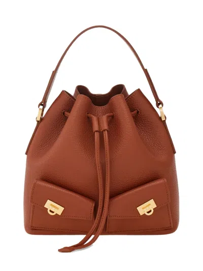 Ferragamo Drawstring Leather Bucket Bag In Brown