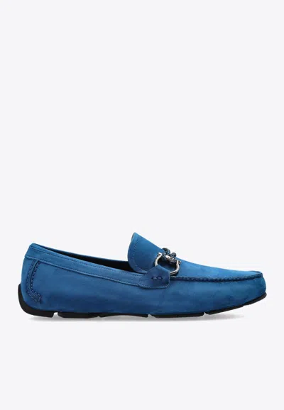 Ferragamo Driver Gancini-buckle Loafers In Blue