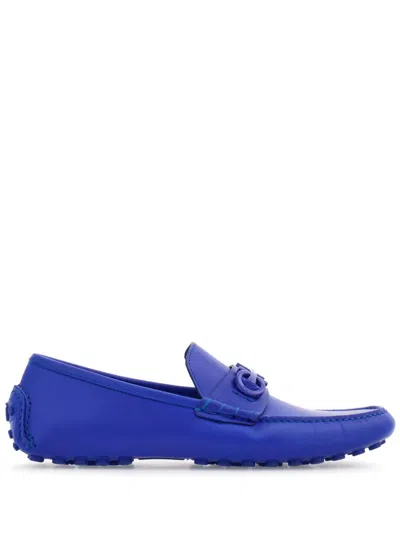 Ferragamo Driver Gancini-plaque Leather Loafers In Blue