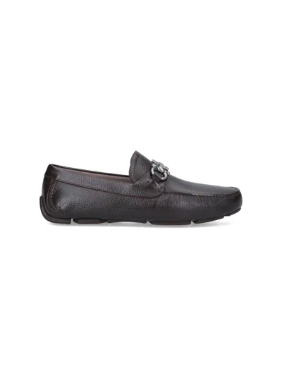 Ferragamo Loafers Gancini Ornament Leather Boat Shoes In Black