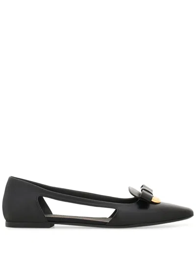 Ferragamo Drop Bow Leather Ballerina Shoes In Black
