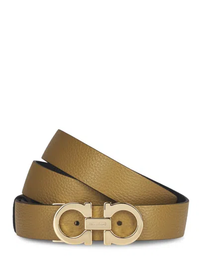 Ferragamo Dual-tone Calfskin Belt With Textured Finish In Brown