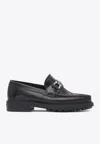 Ferragamo Black Leather Loafers With Gancini Ornament In Black