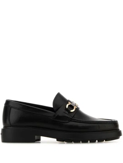 Ferragamo Black Leather Loafers With Gancini Ornament