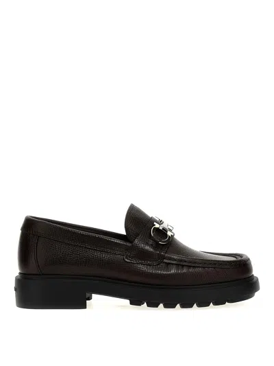 Ferragamo Leather Loafer With Gancini Metal Detail In Black