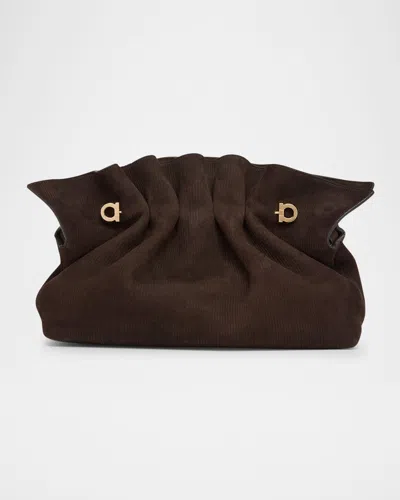 Ferragamo Dumpling Suede Corduroy Shoulder Bag In Brown