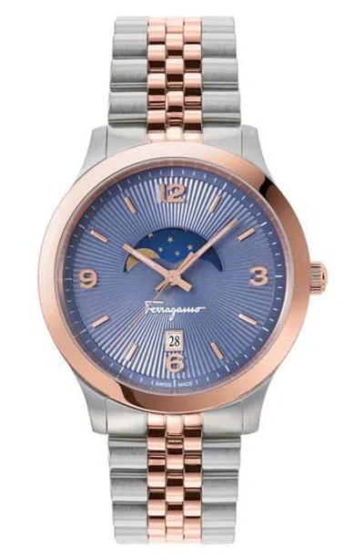 Ferragamo Duo Moon Phase Bracelet Watch, 40mm X 8.5mm In Ip Rose Gold/stainless Steel
