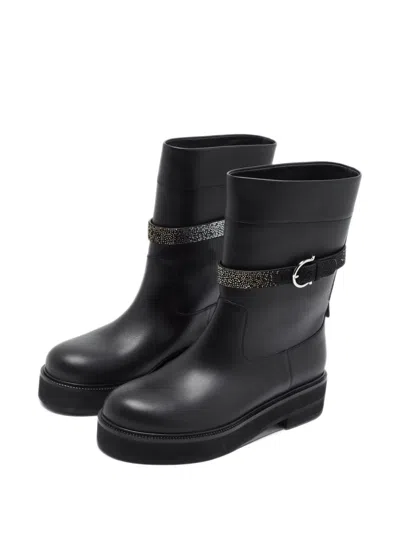 Pre-owned Ferragamo Ean Buckled Biker Boots In Black