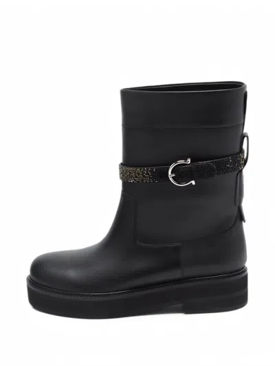 Pre-owned Ferragamo Ean Buckled Biker Boots In Black