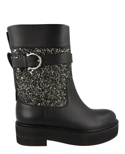 Ferragamo Ean Glitter Ankle Boots In Black