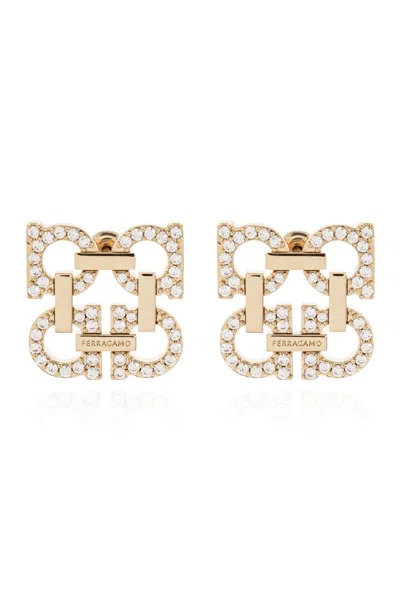 Ferragamo Crystal Embellished Four Gancini Clip On Earrings In Gold