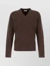 Ferragamo Earthy Ribbed V-neck Wool Sweater In Brown