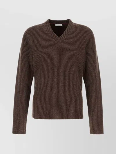 Ferragamo Earthy Ribbed V-neck Wool Sweater In Brown