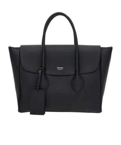 Ferragamo East-west Leather Tote Bag In Black