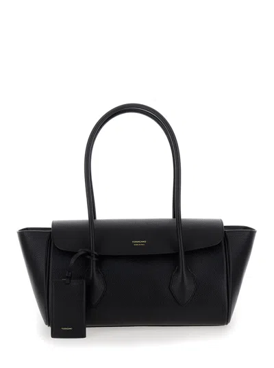 Ferragamo East-west S Black Handbag With Logo Detail In Hammered Leather Woman
