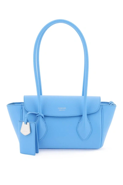 Ferragamo East/west Hammered Leather Tote Bag In Light Blue