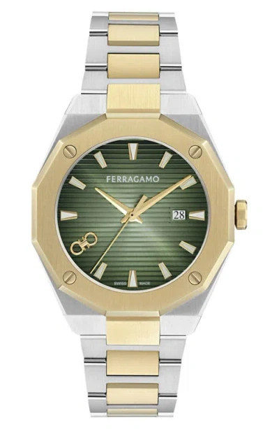 Ferragamo Edge Bracelet Watch, 40mm In Green/two Tone