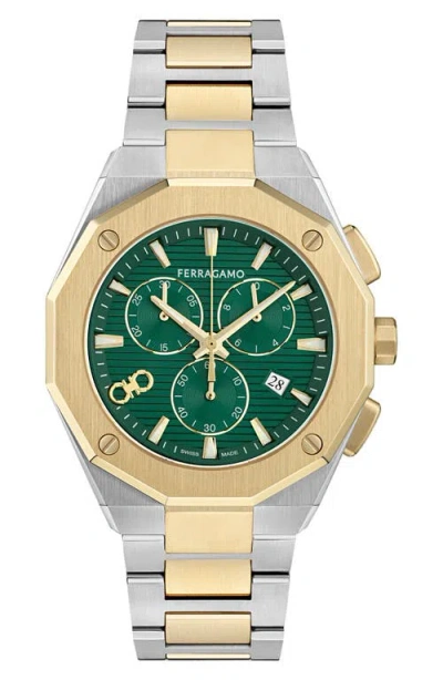 Ferragamo Edge Chronograph Two-tone Bracelet Watch, 42mm In Metallic
