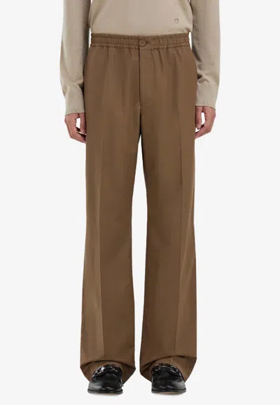 Ferragamo Elastic Waistband Wool-blend Pants In Brown