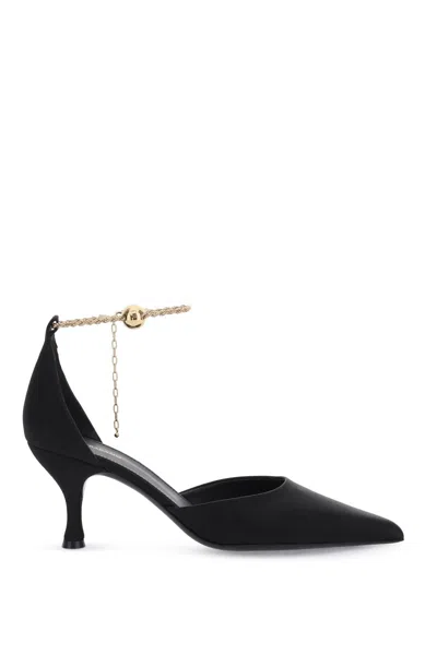 Ferragamo Elegant Black Silk Pumps With Gold Chain For Women