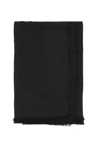 Ferragamo Elegant Black Wool-silk Blend Scarf With Lurex Gancini Hook Pattern For Women