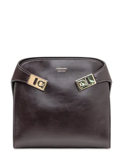 Ferragamo Elegant Leather Handbag With Gold Buckle In Brown
