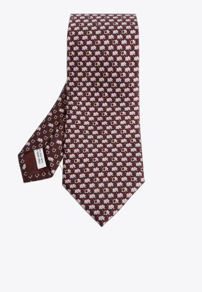 Ferragamo Elephant Print Silk Tie In Brown