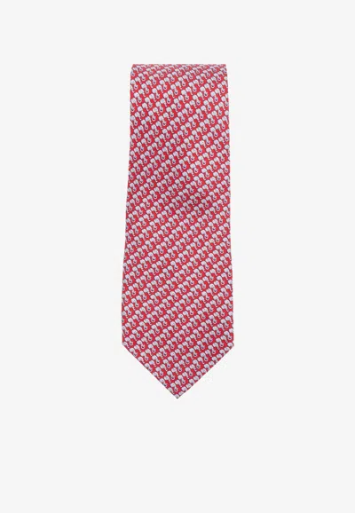 Ferragamo Elephant Print Silk Tie In Red
