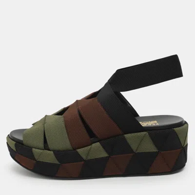 Pre-owned Ferragamo Elettra Size 37 Tricolor Canvas Slingback Sandals In Black