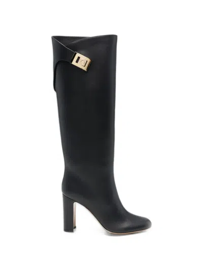 Ferragamo Elli Buckled Knee-high Boots In Black