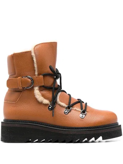 Ferragamo Elmo Shearling-lined Laced Boots In Brown