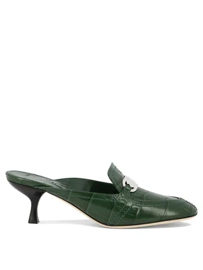 Ferragamo Elodye Embellished Croc-effect Leather Mules In Forest Green